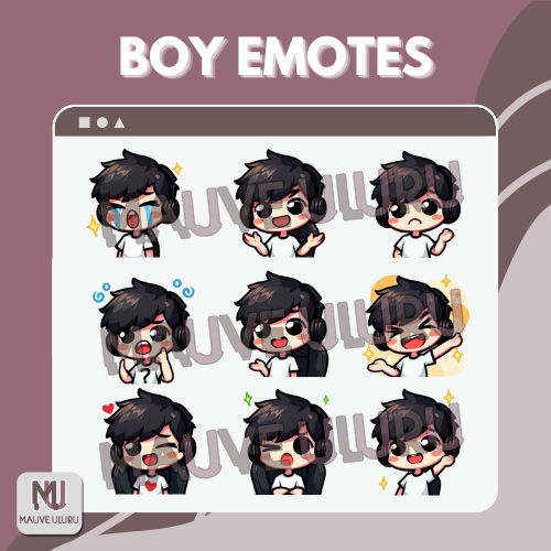 Twitch Emote Pack | 9 Static Emotes of a Black-Haired Boy