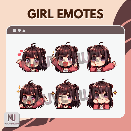 Twitch Emotes Pack | 6 Static Emotes of a Brown-haired Girl